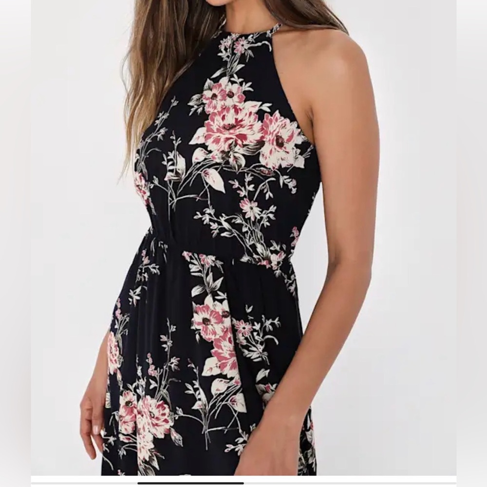 Floral Halter Neck Black Dress with Pink Bloom Print